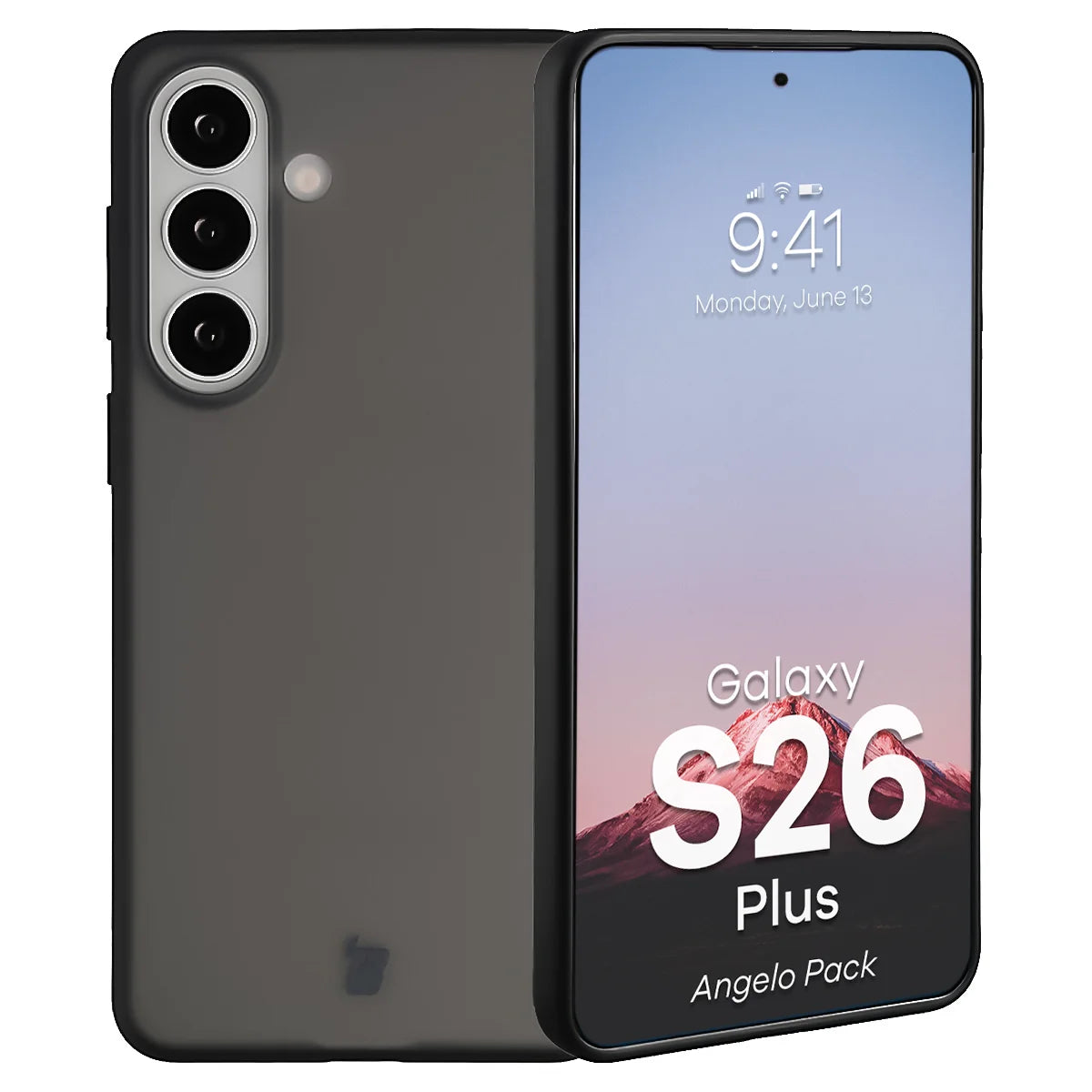 Schutzhülle + gehärtetem Glas für Galaxy S26 Plus, Bizon Angelo Pack, Getönte mit schwarzem Rahmen