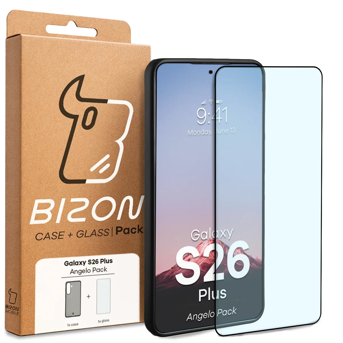 Schutzhülle + gehärtetem Glas für Galaxy S26 Plus, Bizon Angelo Pack, Getönte mit schwarzem Rahmen