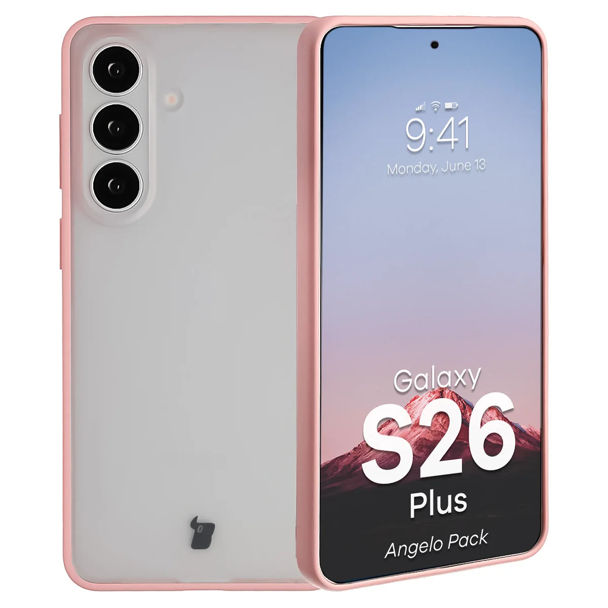 Schutzhülle + gehärtetem Glas für Galaxy S26 Plus, Bizon Angelo Pack, Semitransparent mit hellrosem Rahmen