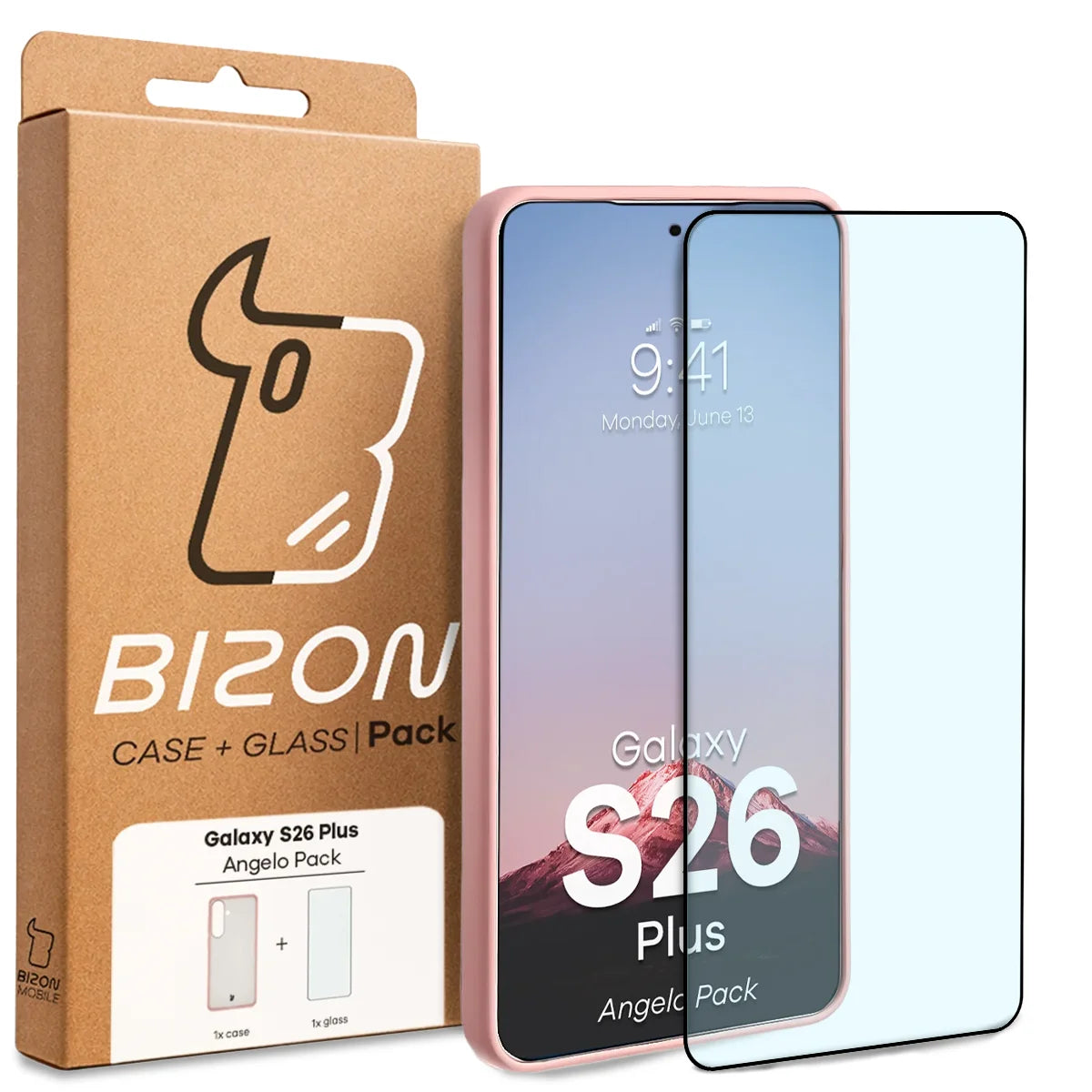 Schutzhülle + gehärtetem Glas für Galaxy S26 Plus, Bizon Angelo Pack, Semitransparent mit hellrosem Rahmen