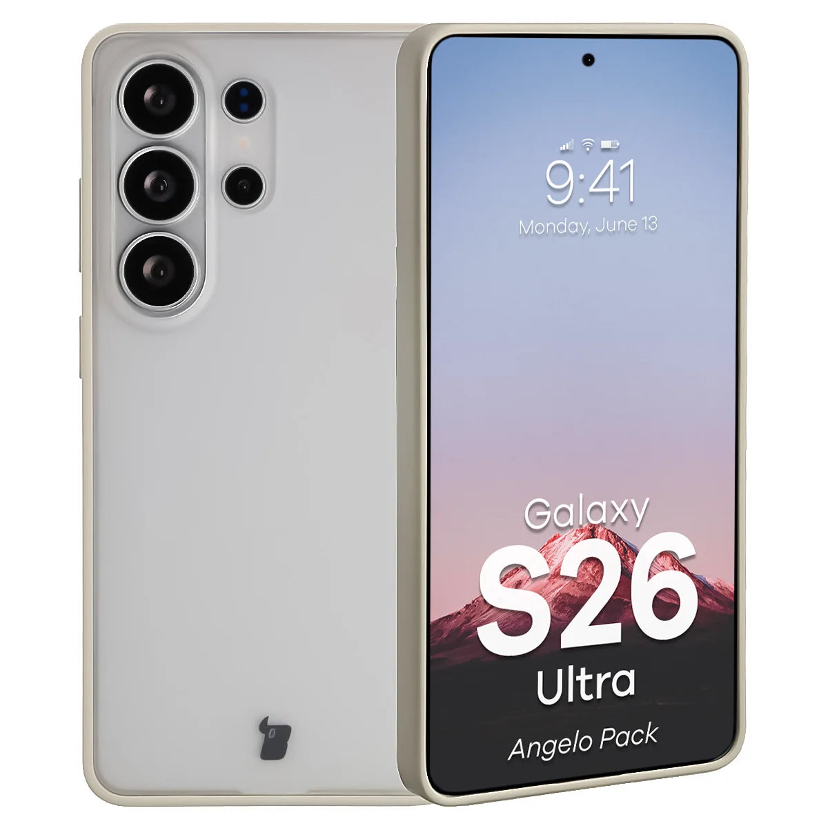Schutzhülle + gehärtetem Glas für Galaxy S26 Ultra, Bizon Angelo Pack, Semitransparent mit beigem Rahmen
