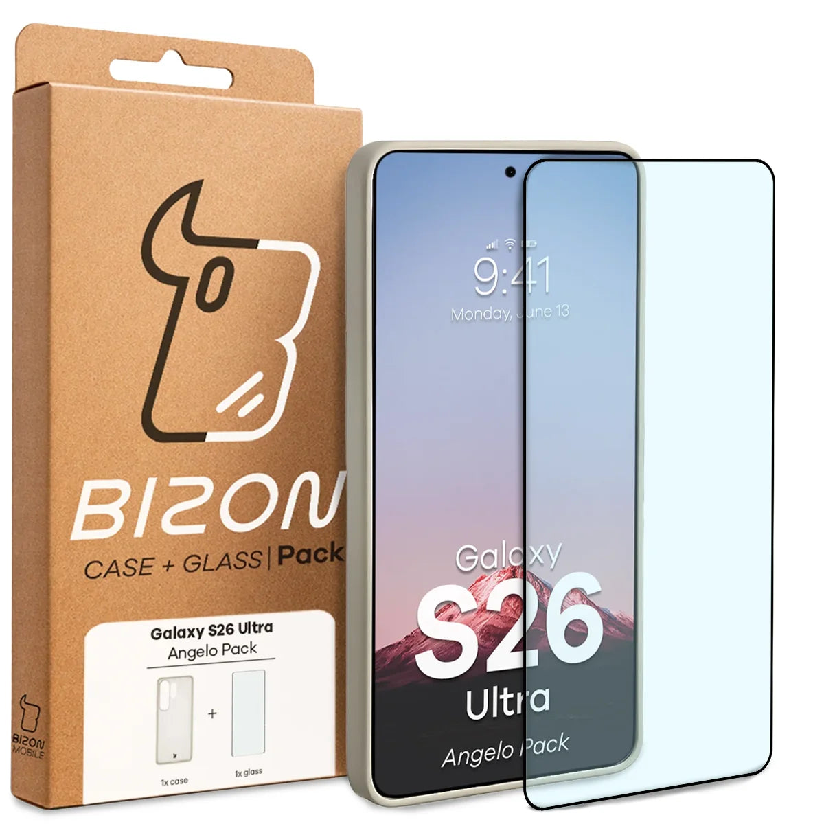 Schutzhülle + gehärtetem Glas für Galaxy S26 Ultra, Bizon Angelo Pack, Semitransparent mit beigem Rahmen