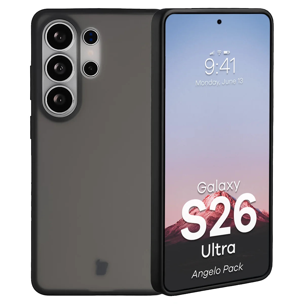 Schutzhülle + gehärtetem Glas Bizon Angelo Pack für Galaxy S26 Ultra, Getönte mit schwarzem Rahmen