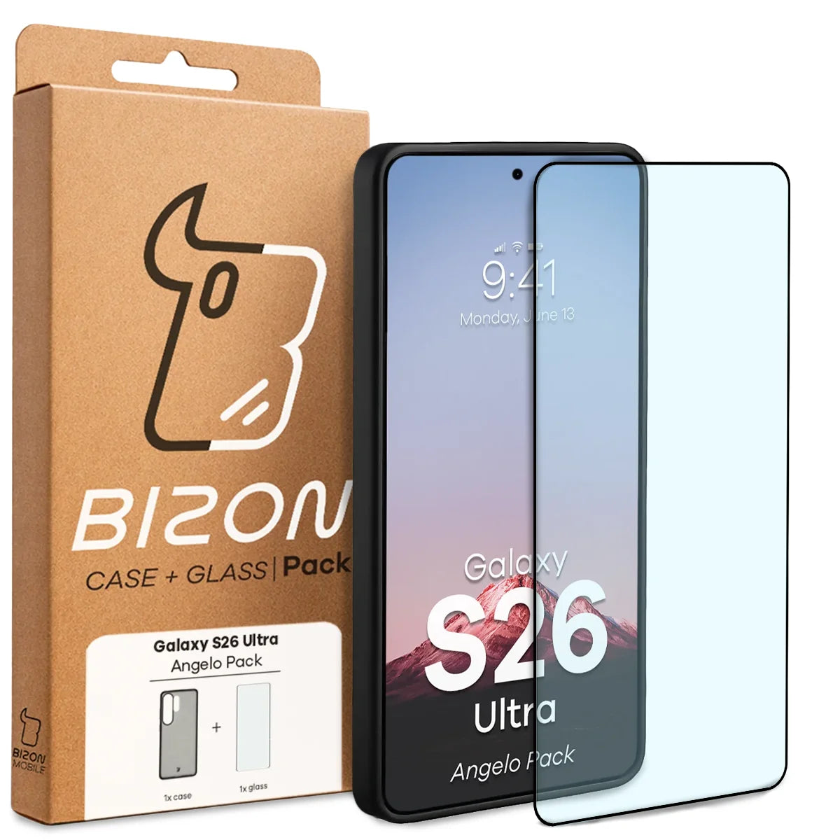 Schutzhülle + gehärtetem Glas Bizon Angelo Pack für Galaxy S26 Ultra, Getönte mit schwarzem Rahmen