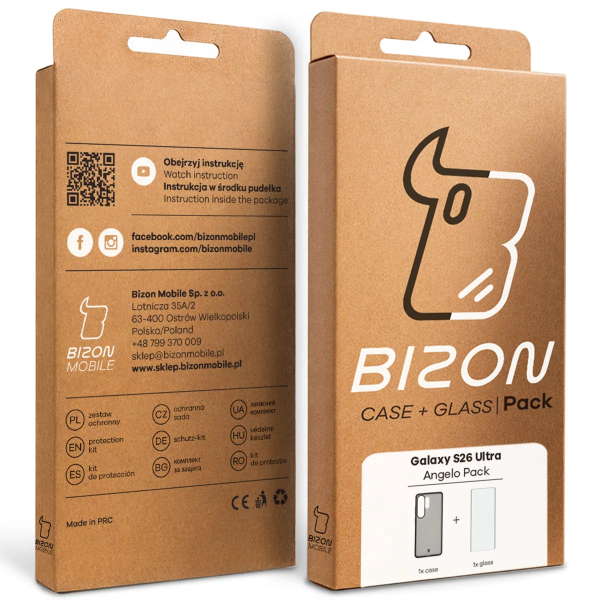Schutzhülle + gehärtetem Glas Bizon Angelo Pack für Galaxy S26 Ultra, Getönte mit schwarzem Rahmen