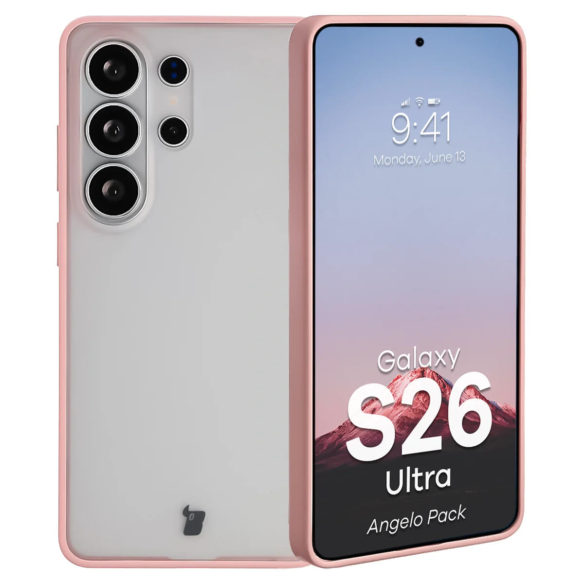 Schutzhülle + gehärtetem Glas für Galaxy S26 Ultra, Bizon Angelo Pack, Semitransparent mit hellrosem Rahmen