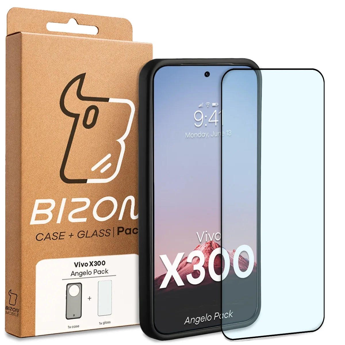 Schutzhülle + gehärtetem Glas für Vivo X300, Bizon Angelo Pack, Getönte mit schwarzem Rahmen