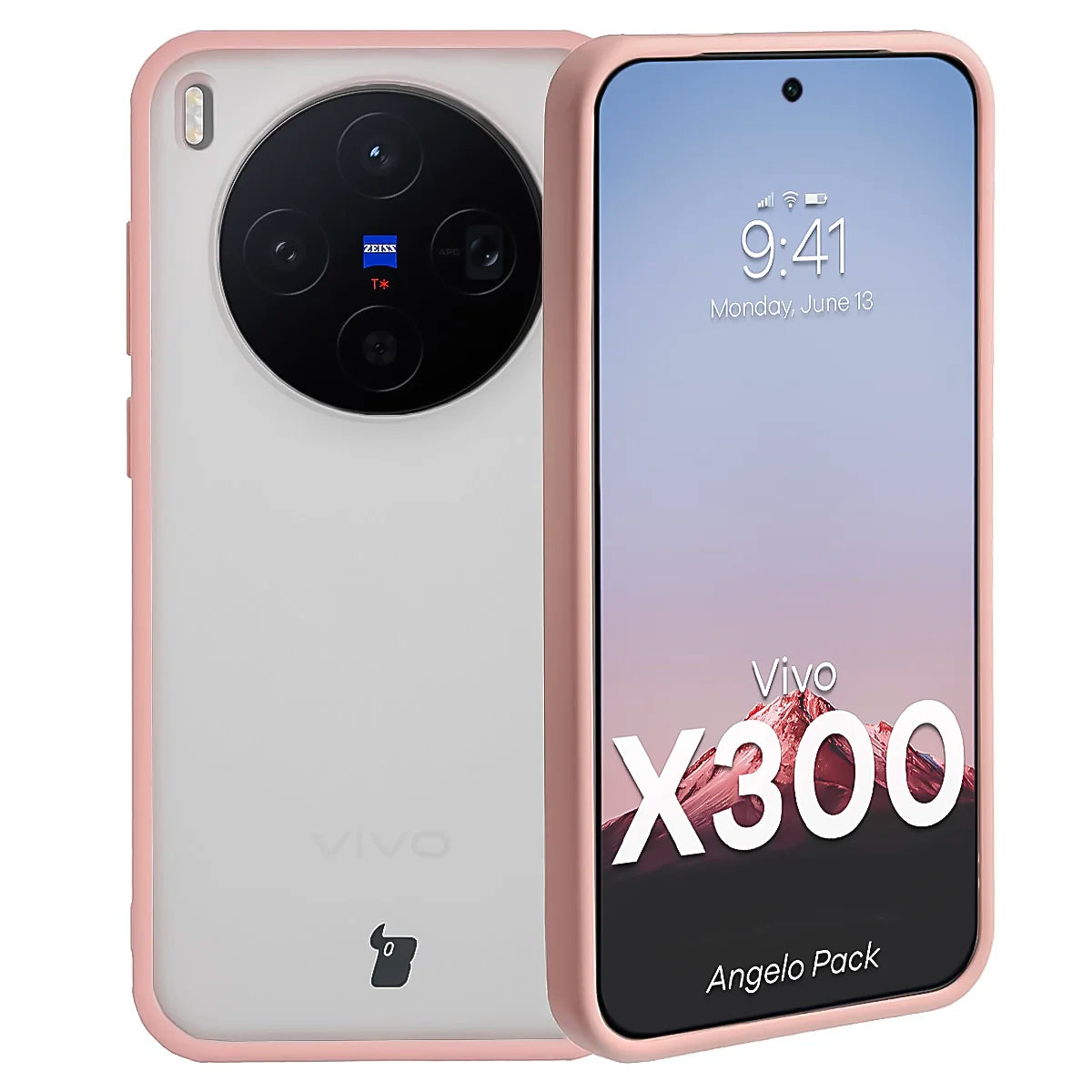 Schutzhülle + gehärtetem Glas für Vivo X300, Bizon Angelo Pack, Semitransparent mit hellrosem Rahmen