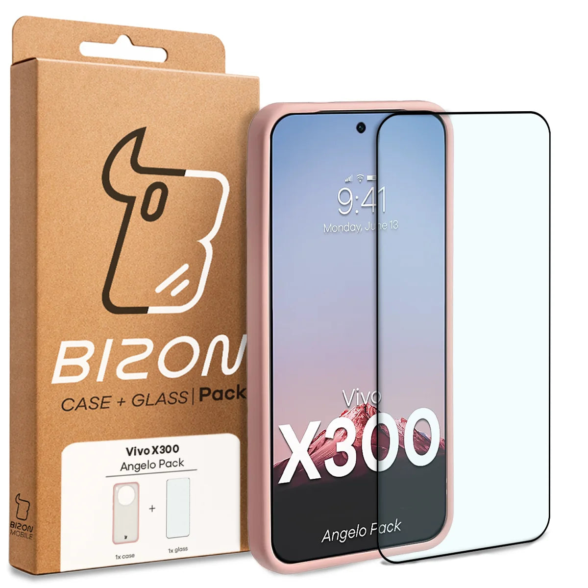Schutzhülle + gehärtetem Glas für Vivo X300, Bizon Angelo Pack, Semitransparent mit hellrosem Rahmen