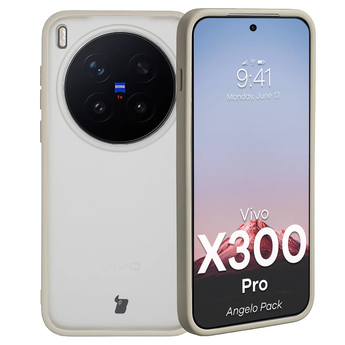 Schutzhülle + gehärtetem Glas für Vivo X300 Pro, Bizon Angelo Pack, Semitransparent mit beigem Rahmen