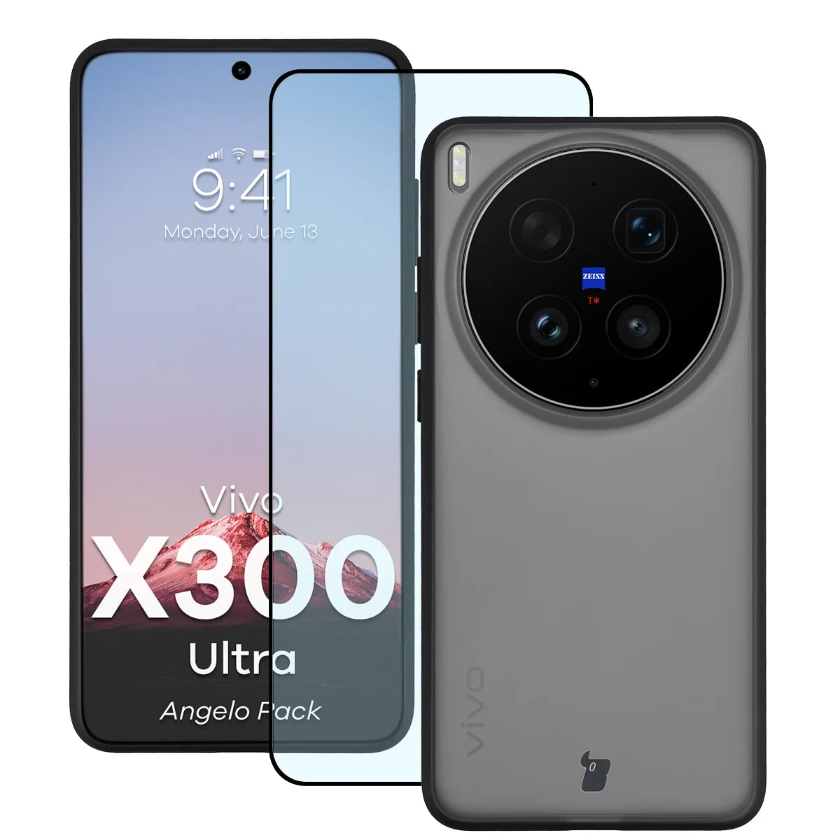 Schutzhülle + gehärtetem Glas für Vivo X300 Ultra, Bizon Angelo Pack, Getönte mit schwarzem Rahmen