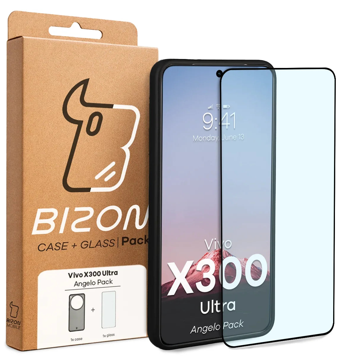 Schutzhülle + gehärtetem Glas für Vivo X300 Ultra, Bizon Angelo Pack, Getönte mit schwarzem Rahmen