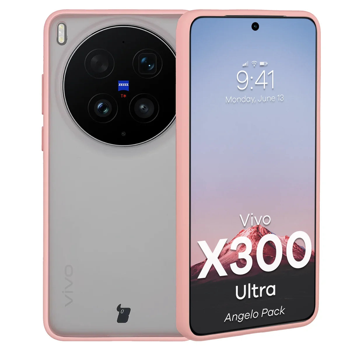 Schutzhülle + gehärtetem Glas Bizon Angelo Pack für Vivo X300 Ultra, Semitransparent mit hellrosem Rahmen