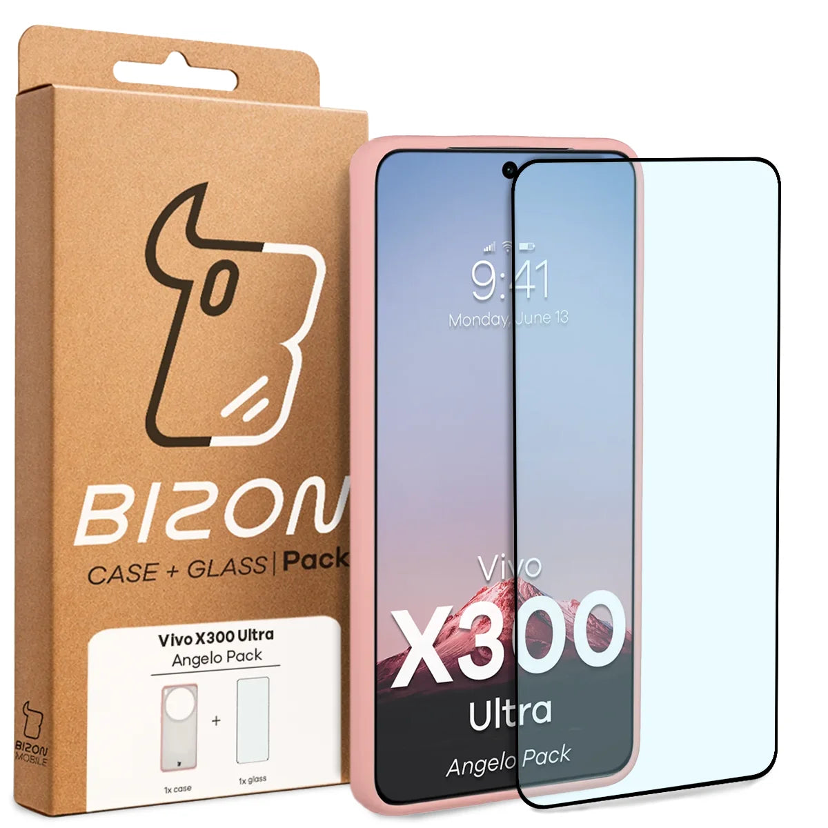 Schutzhülle + gehärtetem Glas Bizon Angelo Pack für Vivo X300 Ultra, Semitransparent mit hellrosem Rahmen