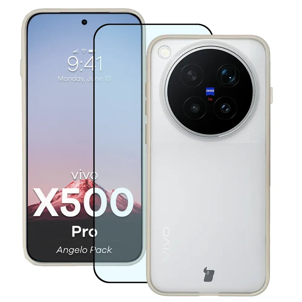 Schutzhülle + gehärtetem Glas für Vivo X500 Pro, Bizon Angelo Pack, Semitransparent mit beigem Rahmen (1/8)