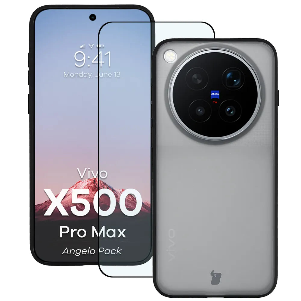 Schutzhülle + gehärtetem Glas für Vivo X500 Pro Max, Bizon Angelo Pack, Getönte mit schwarzem Rahmen (1/8)