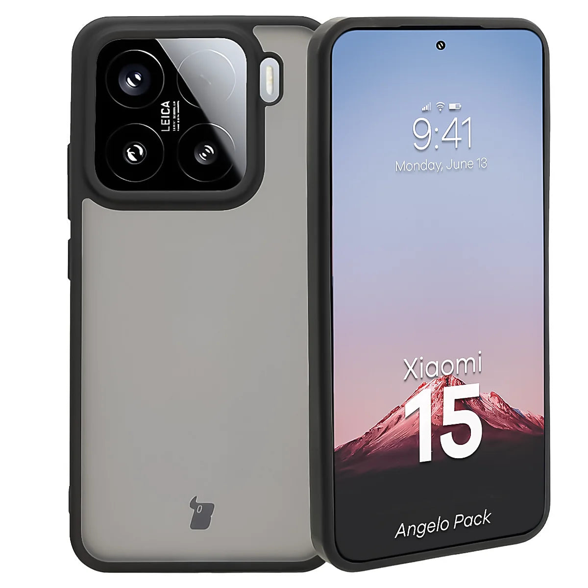 Schutzhülle + gehärtetem Glas für Xiaomi 15, Bizon Angelo Pack, Getönte mit schwarzem Rahmen