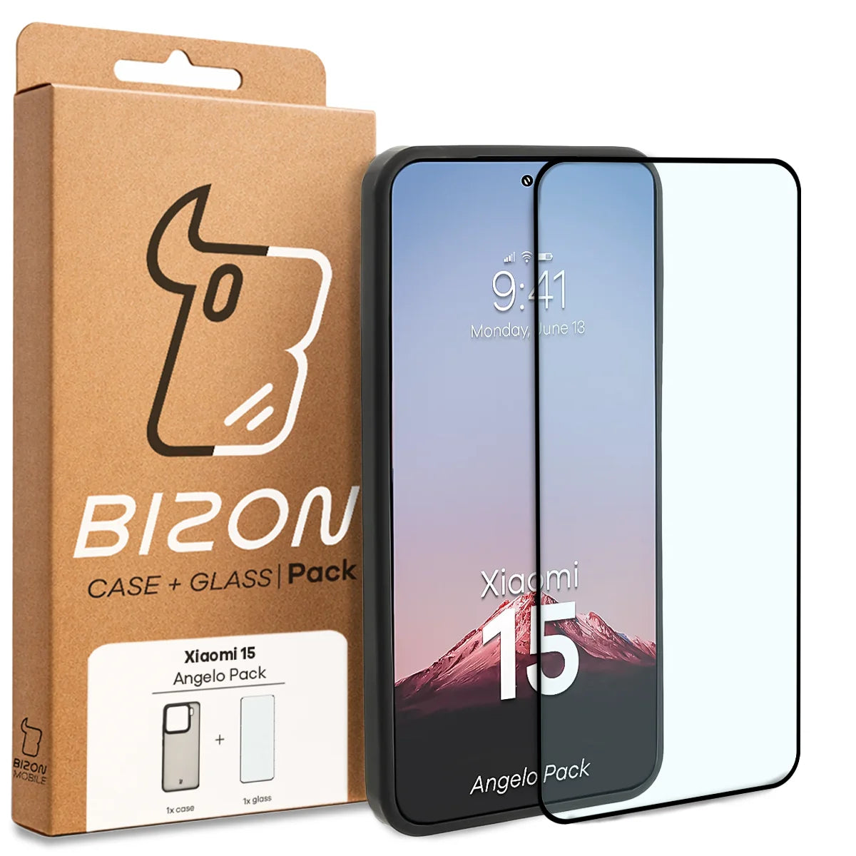 Schutzhülle + gehärtetem Glas für Xiaomi 15, Bizon Angelo Pack, Getönte mit schwarzem Rahmen