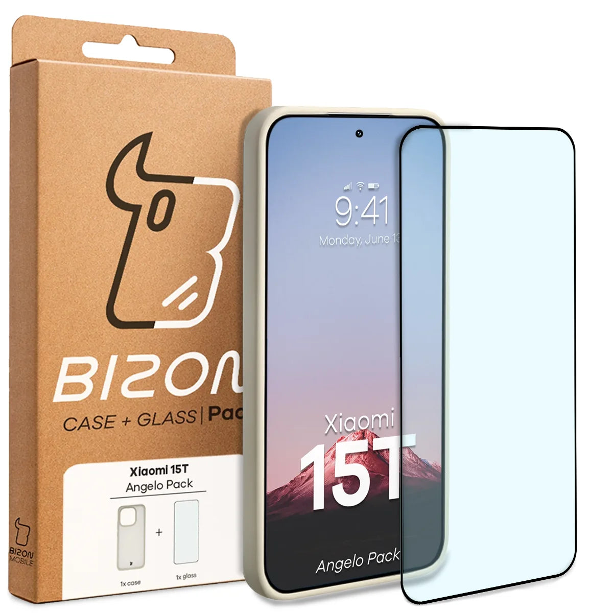 Schutzhülle + gehärtetem Glas für Xiaomi 15T, Bizon Angelo Pack, Semitransparent mit beigem Rahmen
