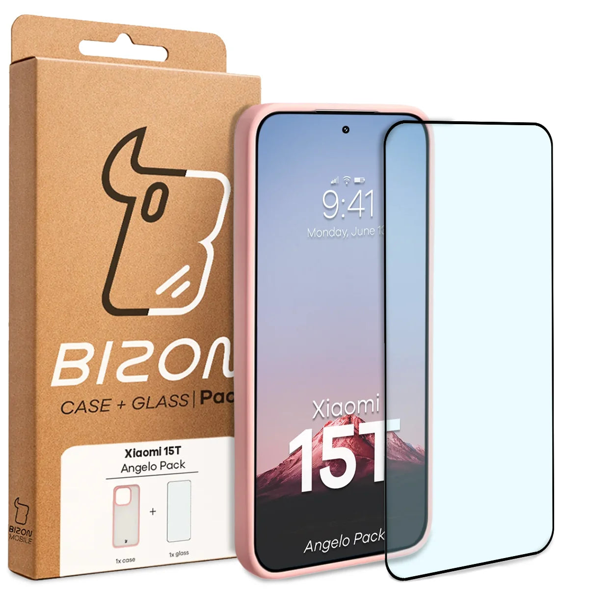 Schutzhülle + gehärtetem Glas für Xiaomi 15T, Bizon Angelo Pack, Semitransparent mit hellrosem Rahmen