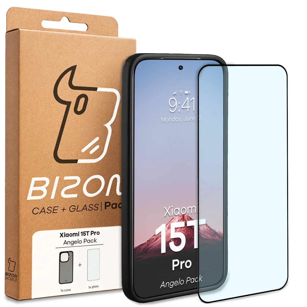 Schutzhülle + gehärtetem Glas für Xiaomi 15T Pro, Bizon Angelo Pack, Getönte mit schwarzem Rahmen