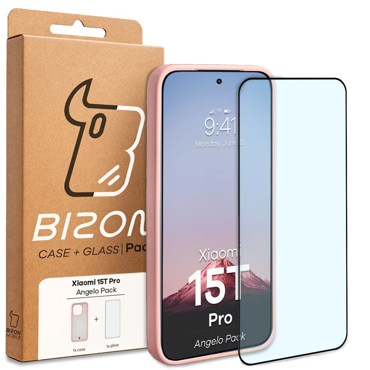 Schutzhülle + gehärtetem Glas für Xiaomi 15T Pro, Bizon Angelo Pack, Semitransparent mit hellrosem Rahmen