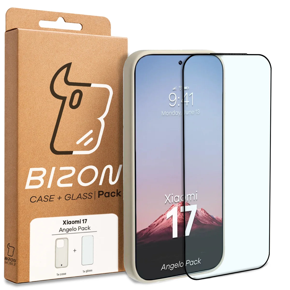 Schutzhülle + gehärtetem Glas Bizon Angelo Pack für Xiaomi 17, Semitransparent mit beigem Rahmen