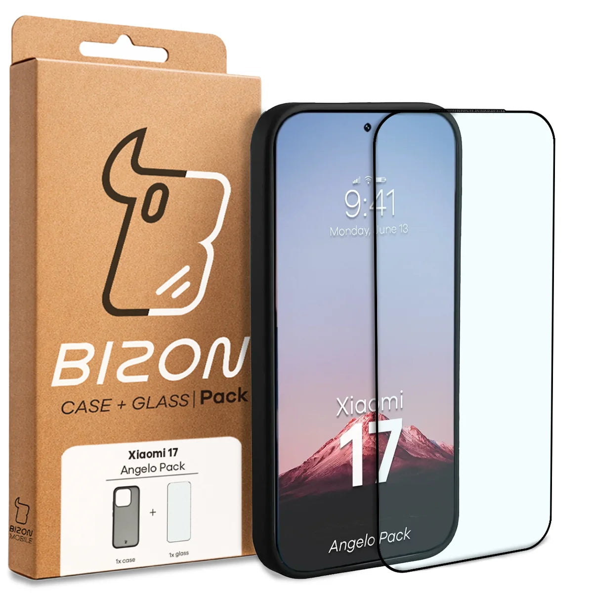 Schutzhülle + gehärtetem Glas für Xiaomi 17, Bizon Angelo Pack, Getönte mit schwarzem Rahmen