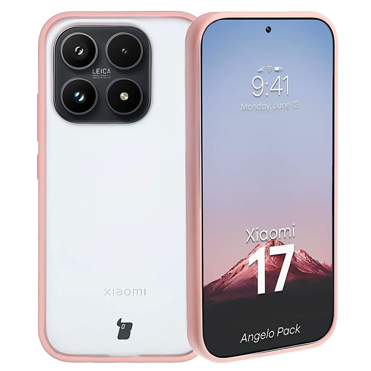 Schutzhülle + gehärtetem Glas für Xiaomi 17, Bizon Angelo Pack, Semitransparent mit hellrosem Rahmen