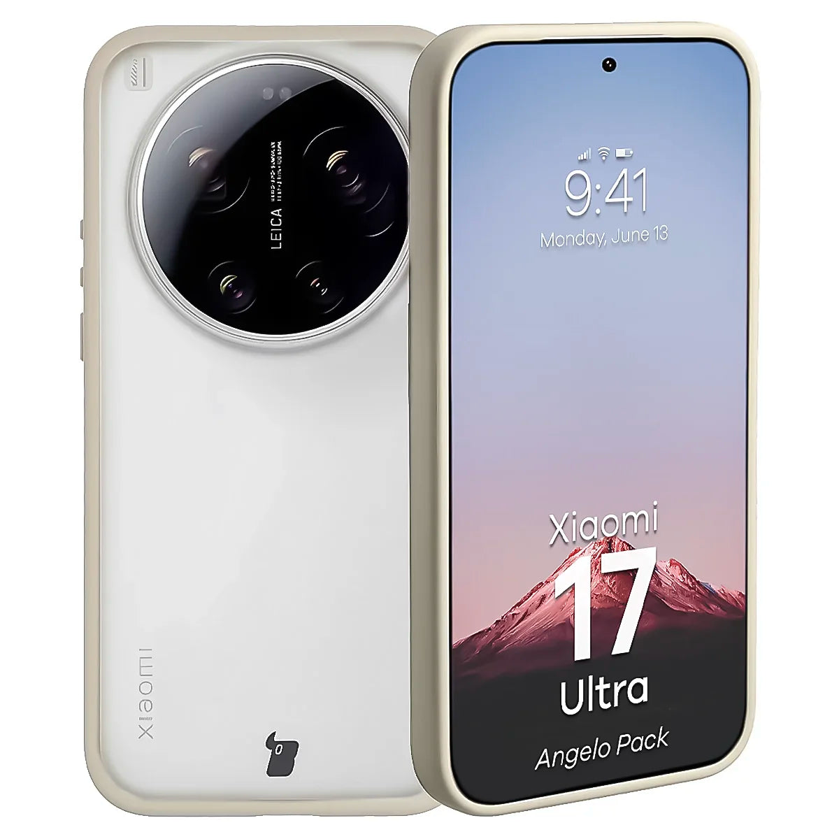 Schutzhülle + gehärtetem Glas Bizon Angelo Pack für Xiaomi 17 Ultra, Semitransparent mit beigem Rahmen