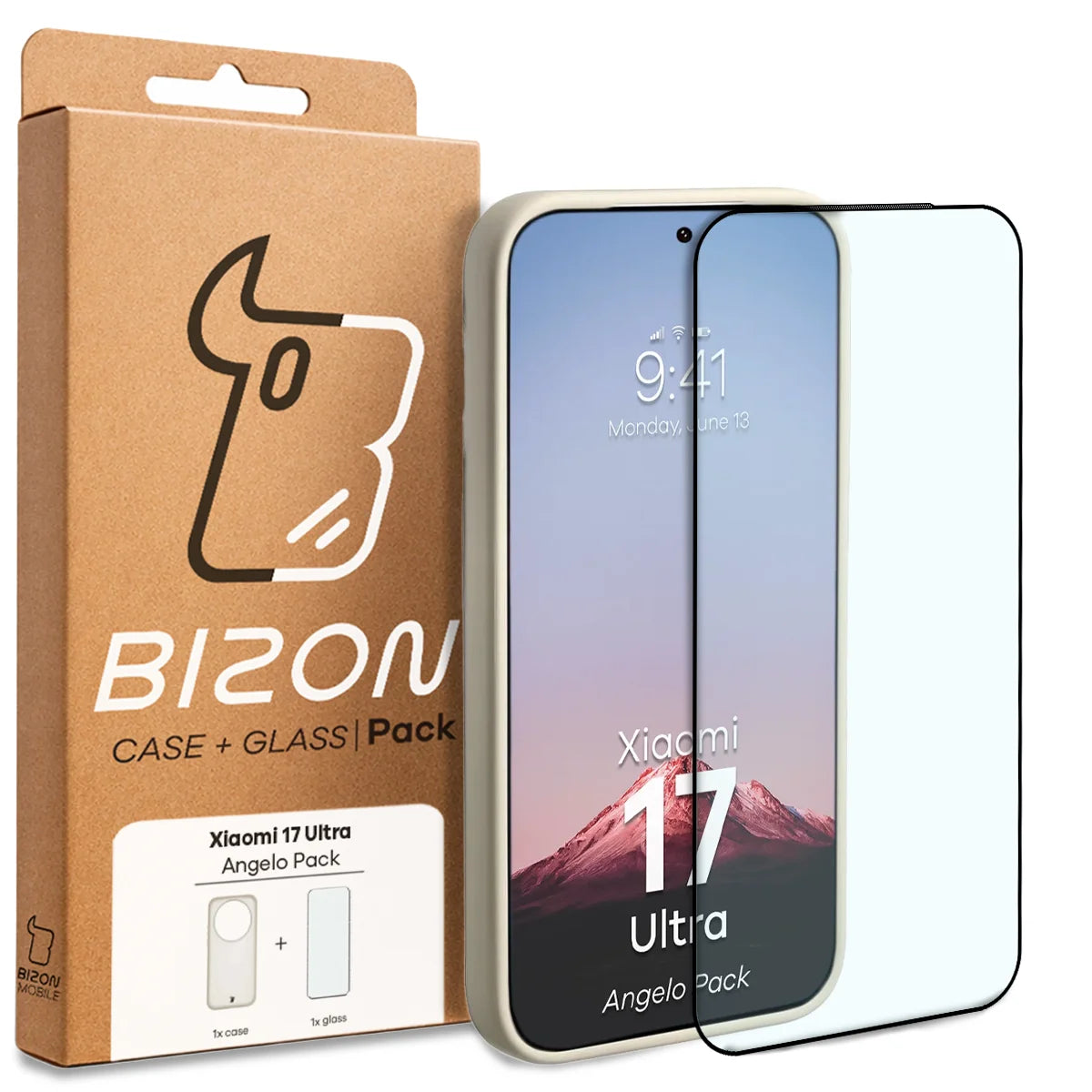Schutzhülle + gehärtetem Glas Bizon Angelo Pack für Xiaomi 17 Ultra, Semitransparent mit beigem Rahmen