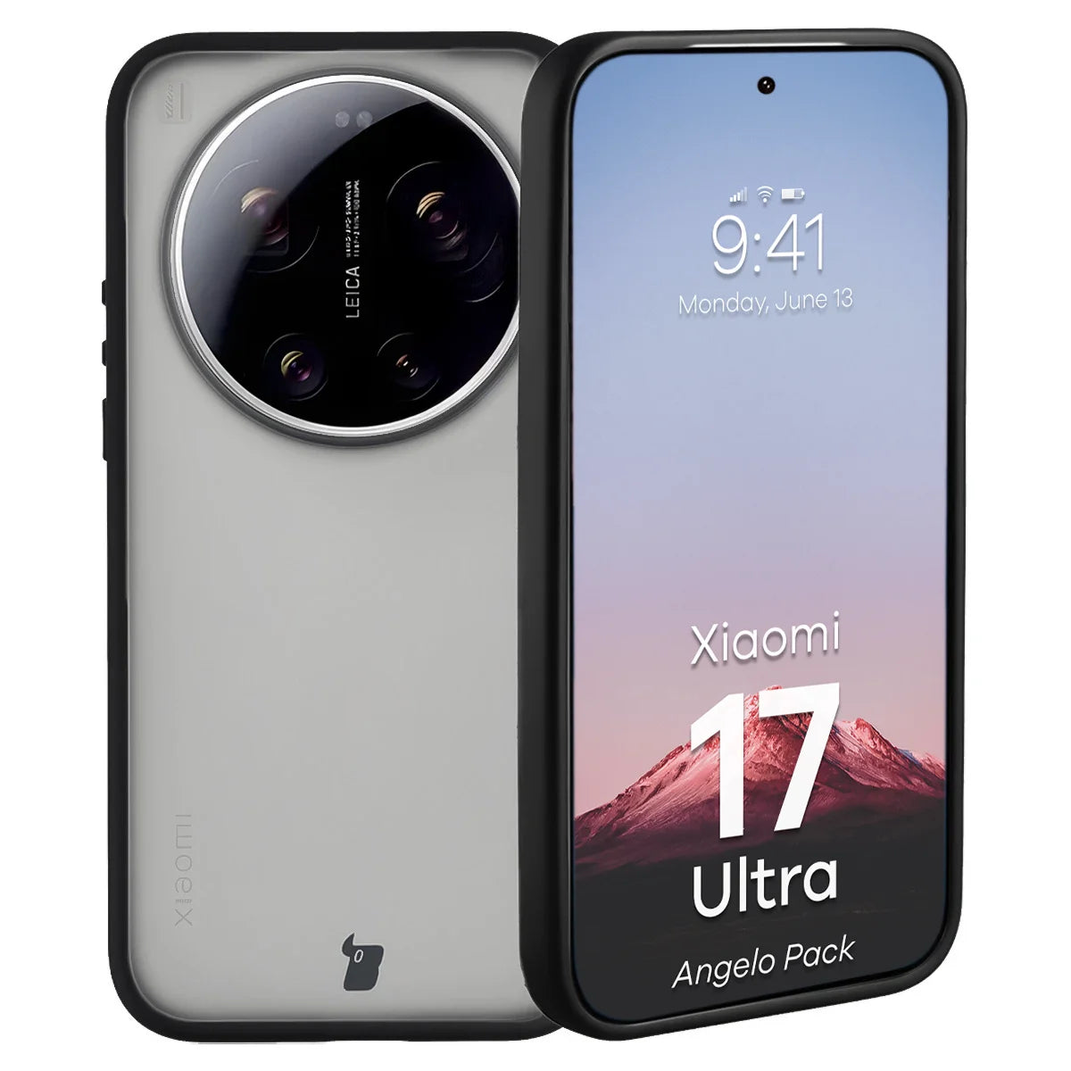 Schutzhülle + gehärtetem Glas Bizon Angelo Pack für Xiaomi 17 Ultra, Getönte mit schwarzem Rahmen