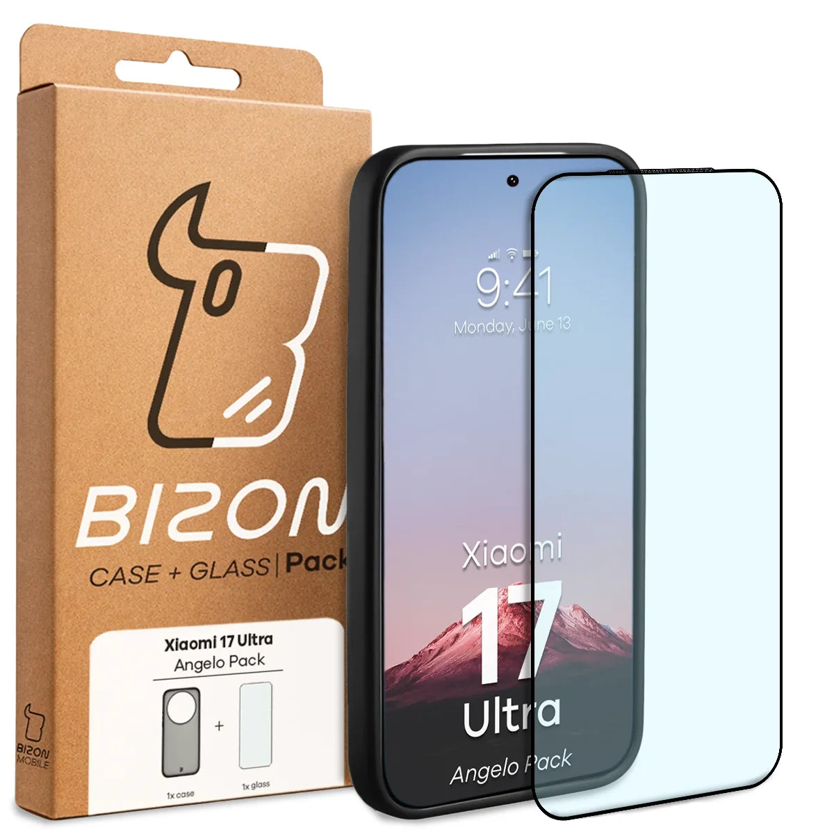 Schutzhülle + gehärtetem Glas Bizon Angelo Pack für Xiaomi 17 Ultra, Getönte mit schwarzem Rahmen