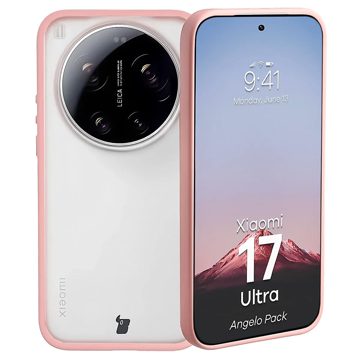 Schutzhülle + gehärtetem Glas für Xiaomi 17 Ultra, Bizon Angelo Pack, Semitransparent mit hellrosem Rahmen