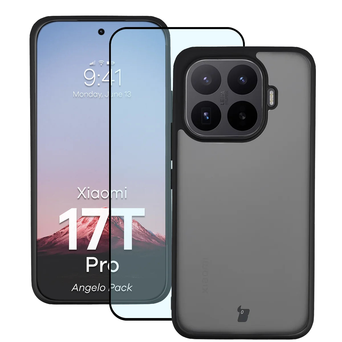 Schutzhülle + gehärtetem Glas für Xiaomi 17T Pro, Bizon Angelo Pack, Getönte mit schwarzem Rahmen