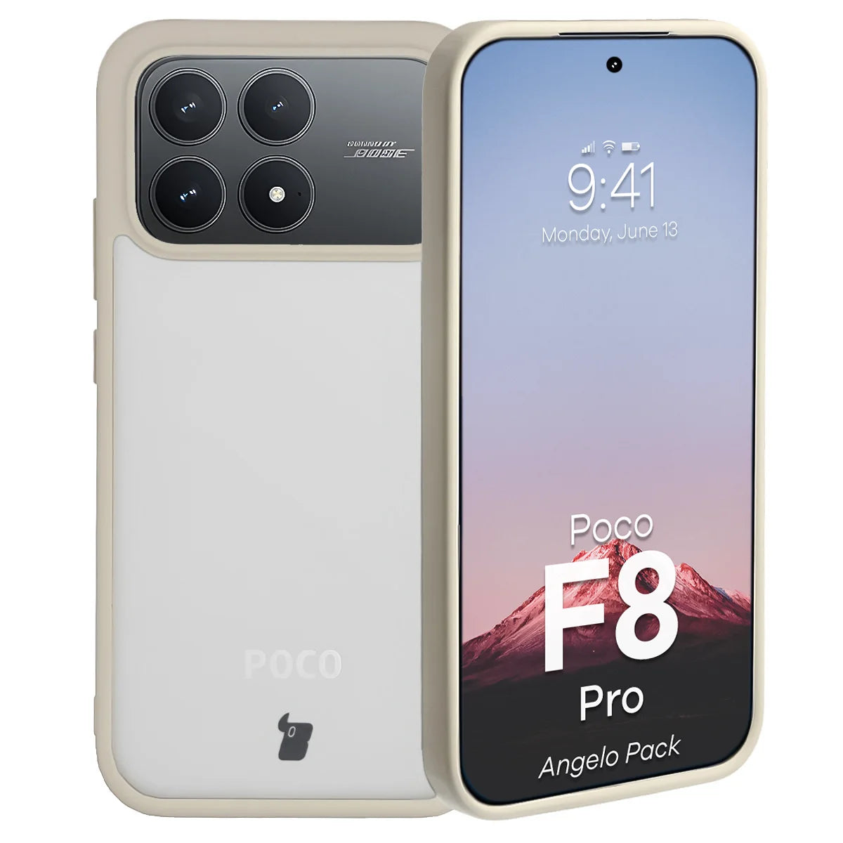 Schutzhülle + gehärtetem Glas für Xiaomi POCO F8 Pro, Bizon Angelo Pack, Semitransparent mit beigem Rahmen