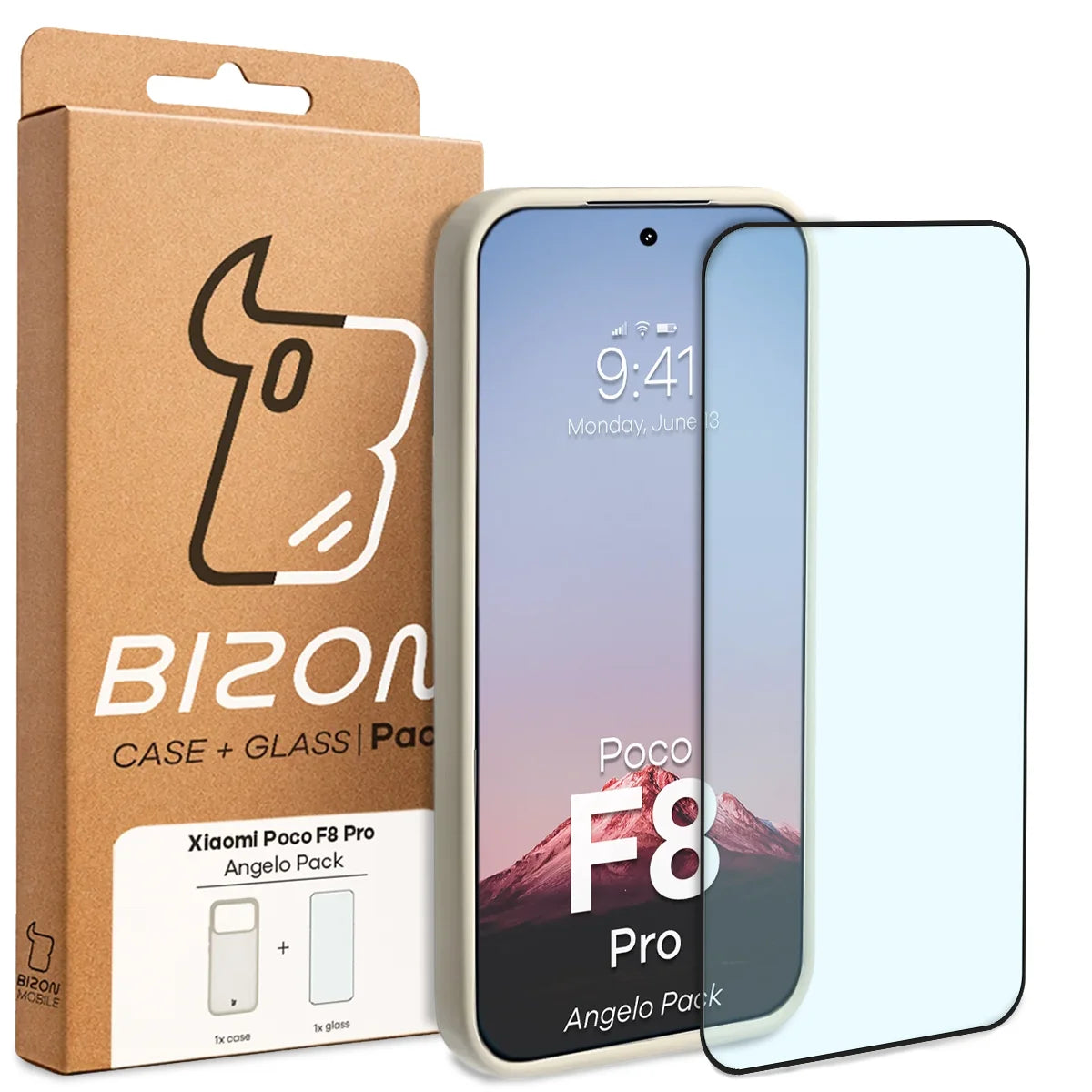 Schutzhülle + gehärtetem Glas für Xiaomi POCO F8 Pro, Bizon Angelo Pack, Semitransparent mit beigem Rahmen