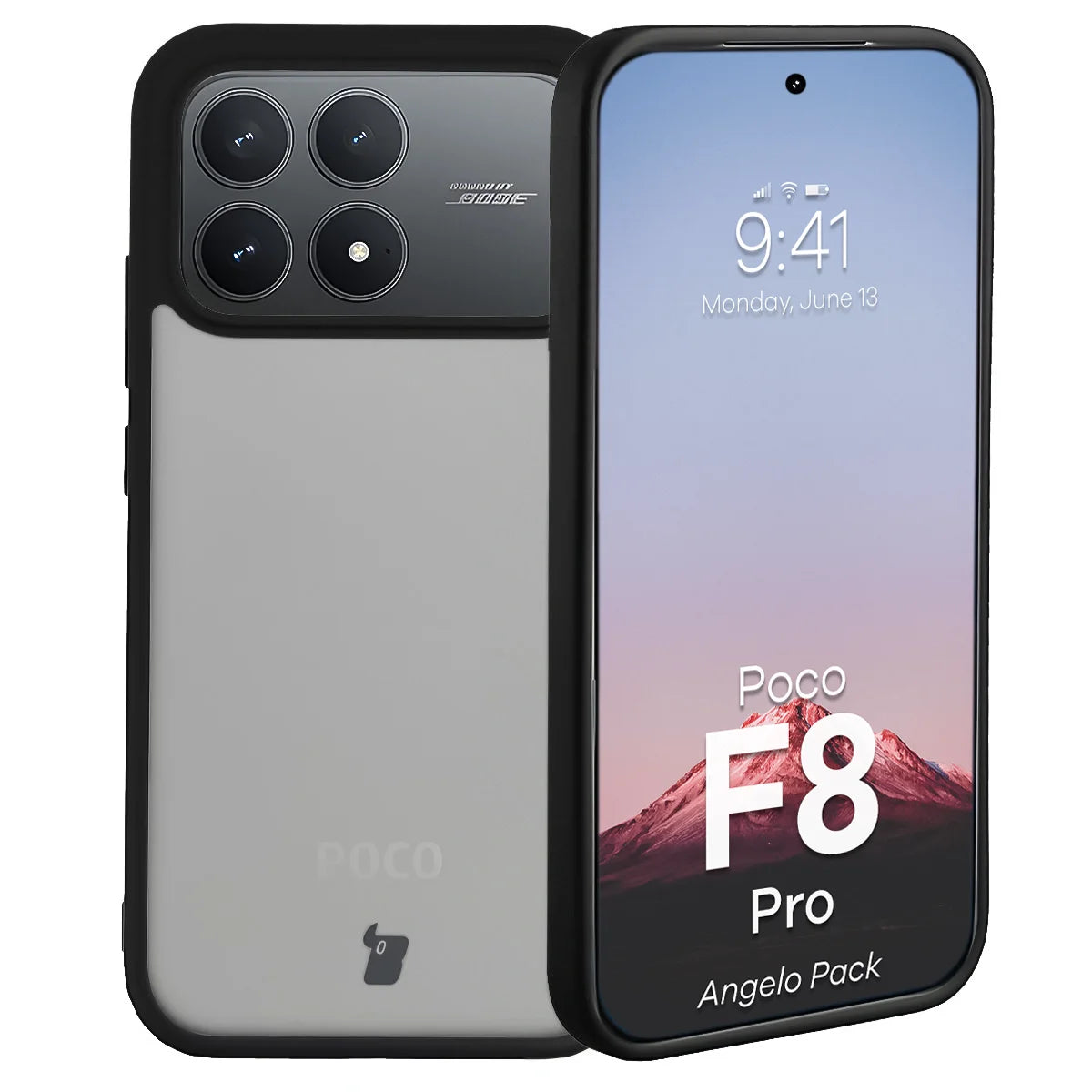 Schutzhülle + gehärtetem Glas für Xiaomi POCO F8 Pro, Bizon Angelo Pack, Getönte mit schwarzem Rahmen