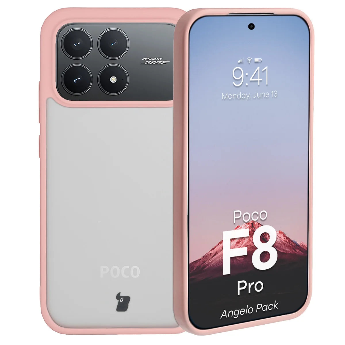 Schutzhülle + gehärtetem Glas für Xiaomi POCO F8 Pro, Bizon Angelo Pack, Semitransparent mit hellrosem Rahmen
