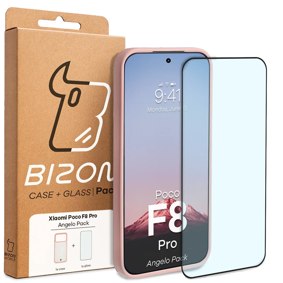 Schutzhülle + gehärtetem Glas für Xiaomi POCO F8 Pro, Bizon Angelo Pack, Semitransparent mit hellrosem Rahmen
