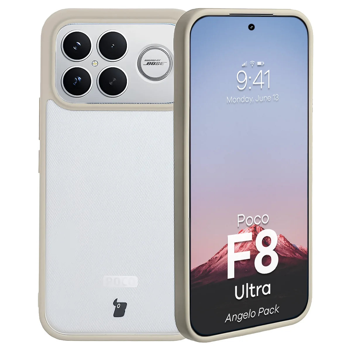 Schutzhülle + gehärtetem Glas für Xiaomi POCO F8 Ultra, Bizon Angelo Pack, Semitransparent mit beigem Rahmen