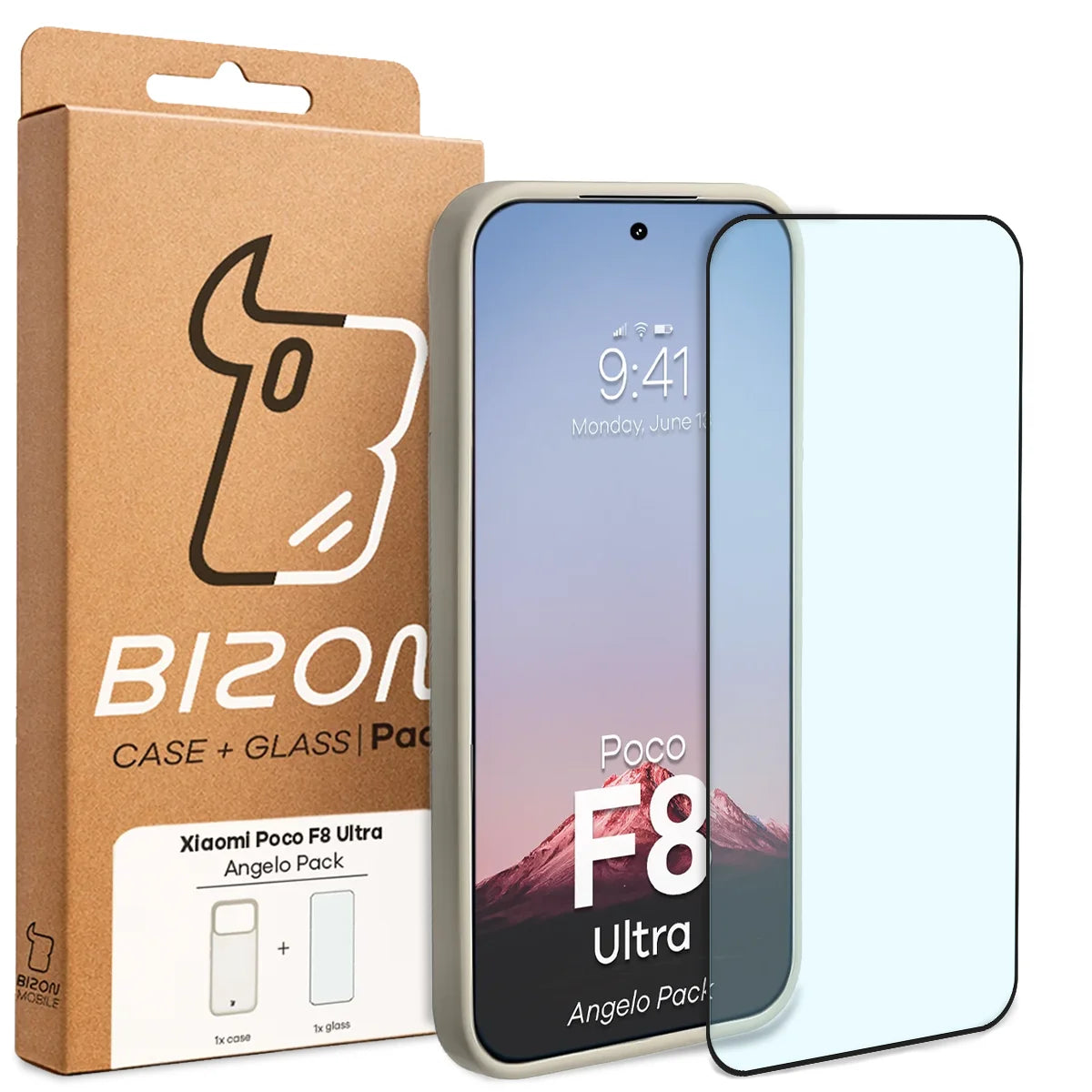 Schutzhülle + gehärtetem Glas für Xiaomi POCO F8 Ultra, Bizon Angelo Pack, Semitransparent mit beigem Rahmen