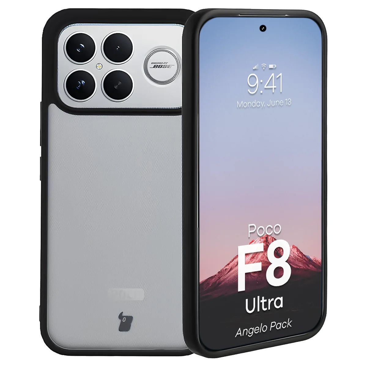 Schutzhülle + gehärtetem Glas für Xiaomi POCO F8 Ultra, Bizon Angelo Pack, Getönte mit schwarzem Rahmen