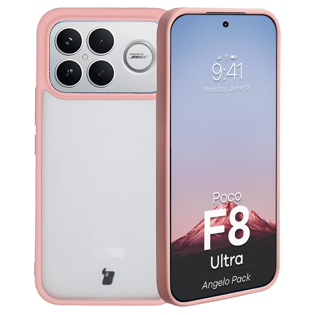Schutzhülle + gehärtetem Glas für Xiaomi POCO F8 Ultra, Bizon Angelo Pack, Semitransparent mit hellrosem Rahmen
