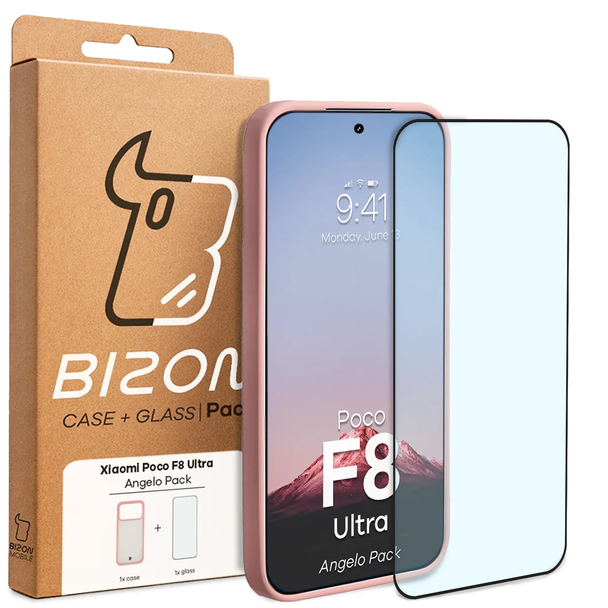 Schutzhülle + gehärtetem Glas für Xiaomi POCO F8 Ultra, Bizon Angelo Pack, Semitransparent mit hellrosem Rahmen