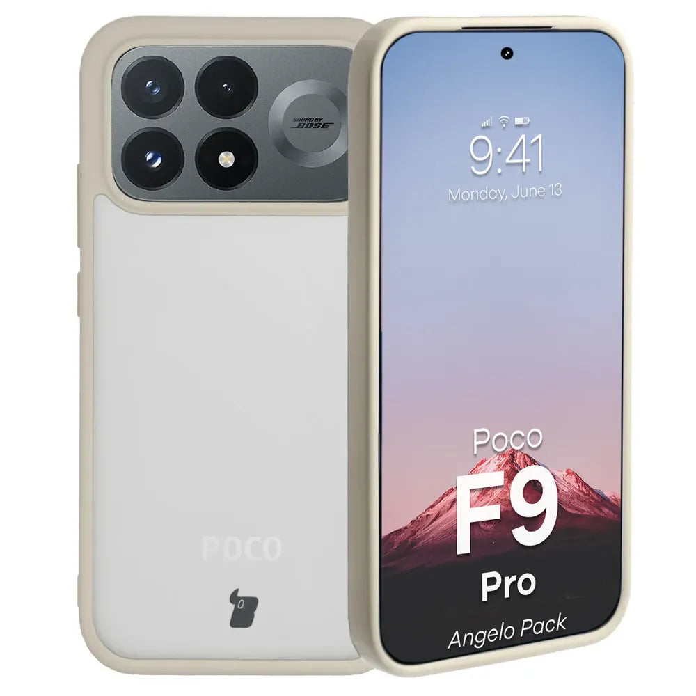 Schutzhülle + gehärtetem Glas für Xiaomi POCO F9 Pro, Bizon Angelo Pack, Semitransparent mit beigem Rahmen (3/8)