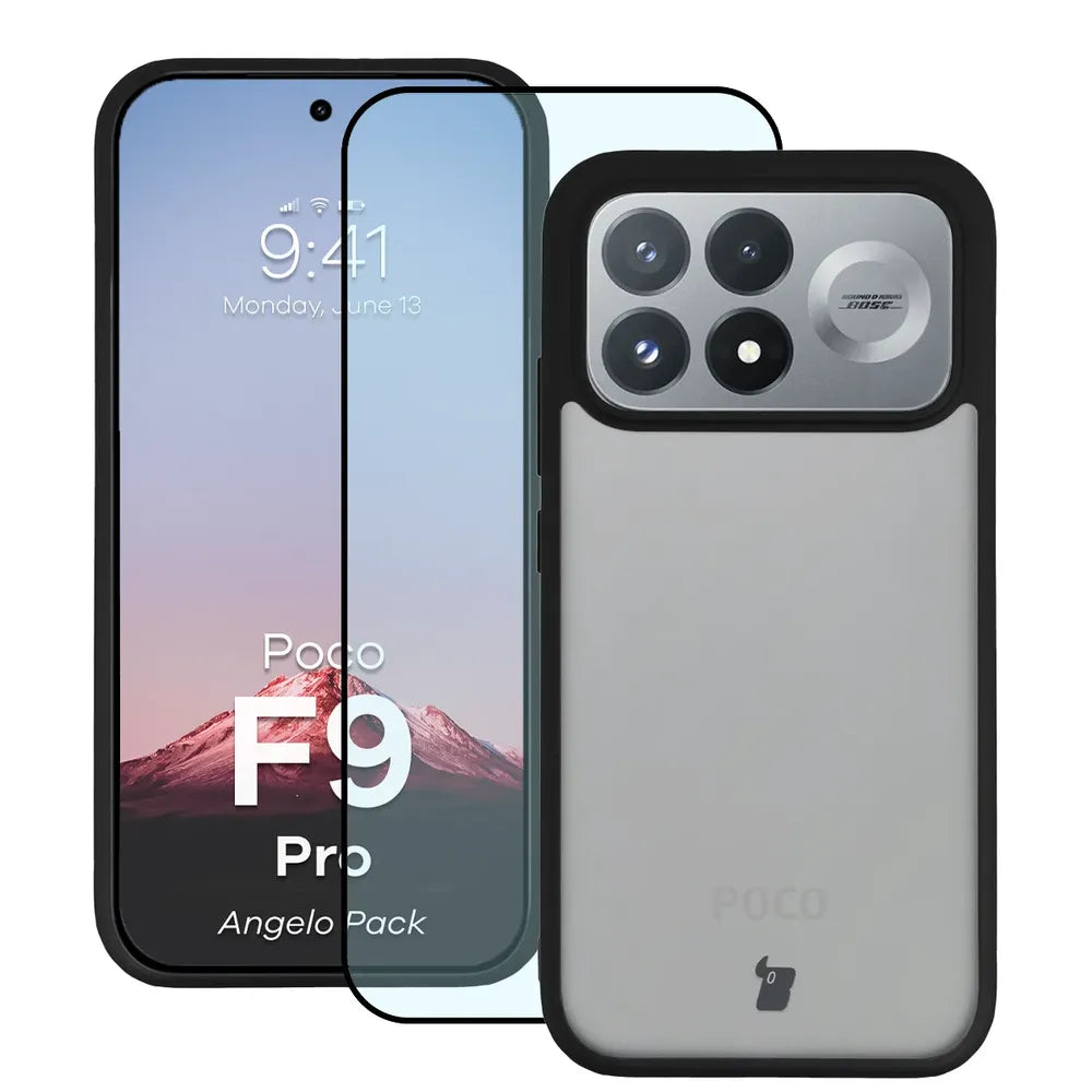 Schutzhülle + gehärtetem Glas für Xiaomi POCO F9 Pro, Bizon Angelo Pack, Getönte mit schwarzem Rahmen (1/8)