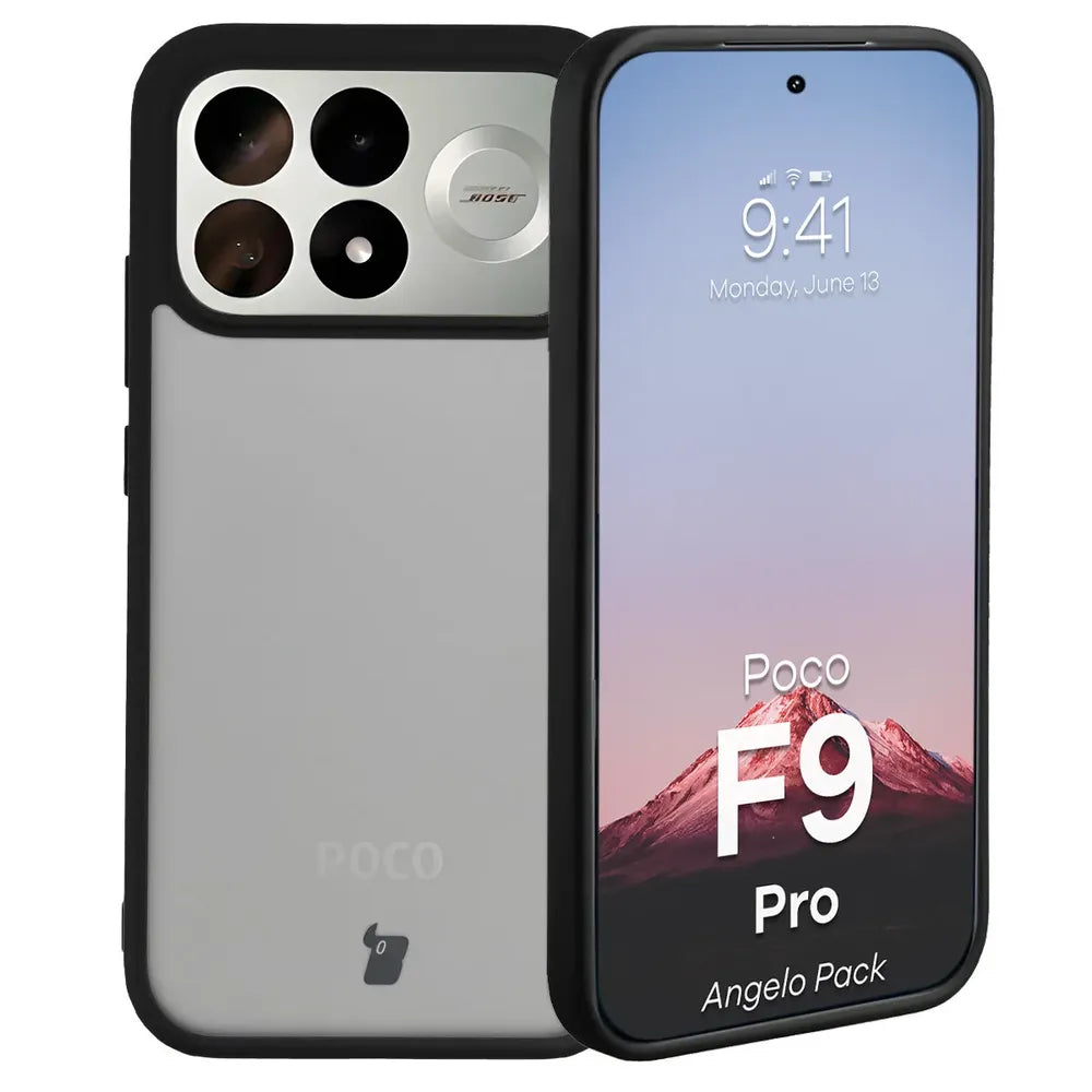 Schutzhülle + gehärtetem Glas für Xiaomi POCO F9 Pro, Bizon Angelo Pack, Getönte mit schwarzem Rahmen (3/8)