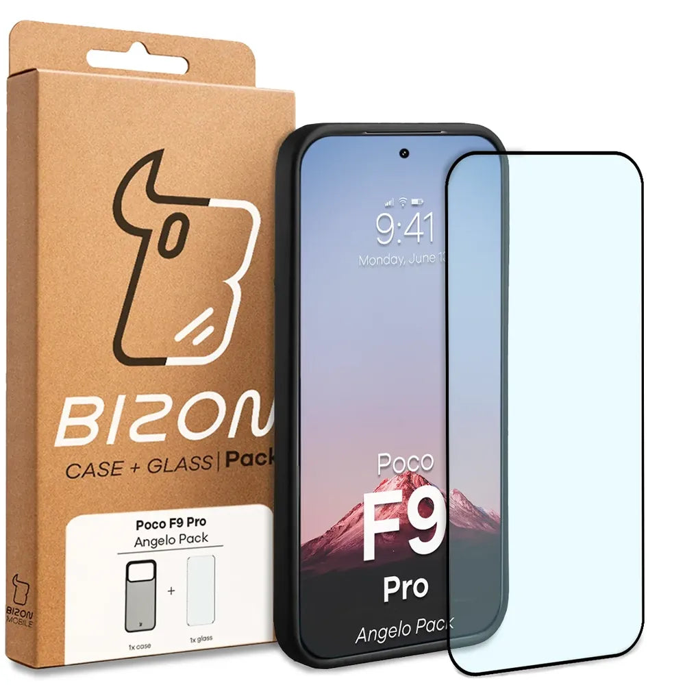 Schutzhülle + gehärtetem Glas für Xiaomi POCO F9 Pro, Bizon Angelo Pack, Getönte mit schwarzem Rahmen (8/8)