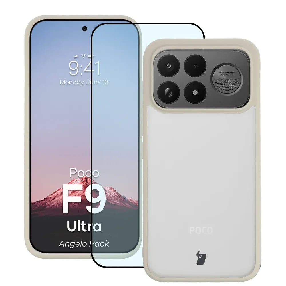 Schutzhülle + gehärtetem Glas für Xiaomi POCO F9 Ultra, Bizon Angelo Pack, Semitransparent mit beigem Rahmen (1/8)